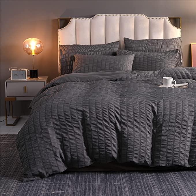 Photo 1 of A Nice Night Seersucker Chic Comforter Set?Hotel Style Bedding Set,Soft Microfiber and Durable Bedding Set for All Seasons (Dark-Grey, Queen(88-by-88-inches))