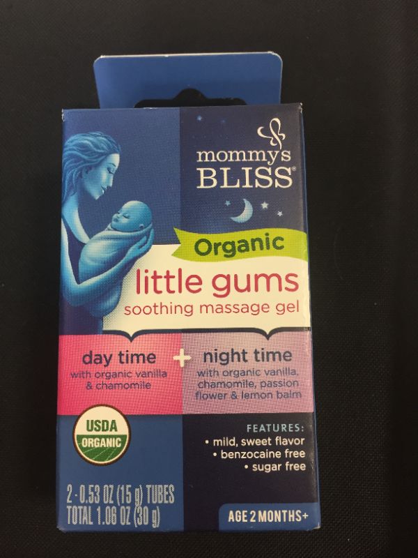 Photo 2 of Mommy's Bliss Organic Little Gums Soothing Massage Gel Day and Night Combo Helps with Tender Age Months + Sugar Free 2 - 0.53 Oz Tubes, mild, sweet flavor, 1 Count EXPIRES 5/2024
