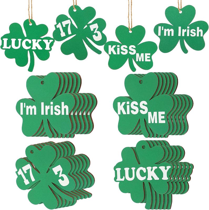 Photo 1 of 24 Pieces St Patrick's Day Shamrocks Ornament Shamrock Wooden Ornament Clover Hanging Ornament Shamrock Bauble for St Patrick's Day Festival Tree Baubles Shelf Table Decorations (Green)
