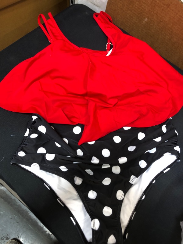 Photo 1 of WOMENS BATHING SUIT SIZE XL RED TOP WHITE AND BLACK POLKA DOT BOTTOMS
