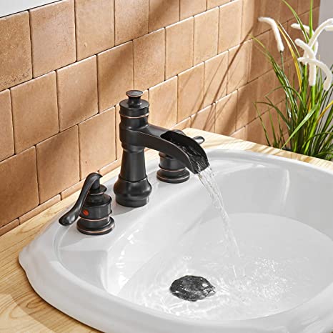 Photo 1 of BWE Waterfall Widespread Bathroom Faucet 3 Hole Oil Rubbed Bronze Farmhouse 8 Inch Pop Up Drain Stopper Assembly Overflow Supply Line Lead-Free Faucets Parts Two Handle Bath Vanity Lavatory Sink