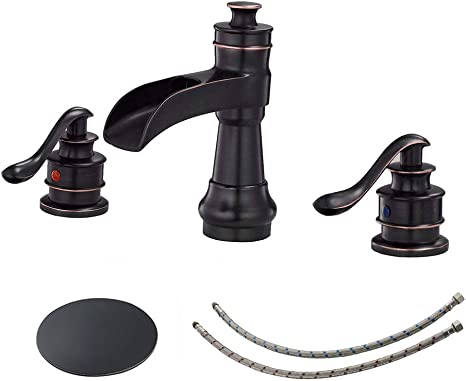 Photo 2 of BWE Waterfall Widespread Bathroom Faucet 3 Hole Oil Rubbed Bronze Farmhouse 8 Inch Pop Up Drain Stopper Assembly Overflow Supply Line Lead-Free Faucets Parts Two Handle Bath Vanity Lavatory Sink