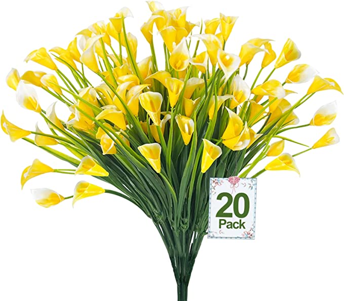 Photo 1 of 20 Bundles Calla Lily (500 Heads) Artificial Flowers for Outdoors, UV Resistant Faux Fake Plants Plastic Summer Flower Indoor Outside Hanging Planter Home Garden Porch Decor (Yellow, 20)