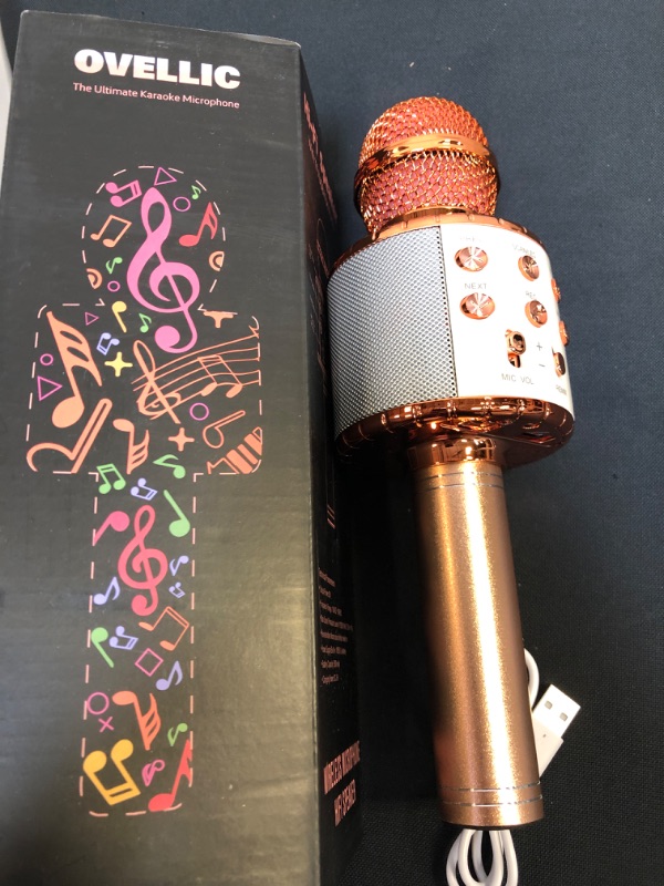 Photo 3 of OVELLIC Karaoke Microphone for Kids, Wireless Bluetooth Karaoke Microphone with LED Lights, Portable Handheld Mic Speaker Machine, Great Gifts Toys for Girls Boys Adults All Age (Rose Gold)