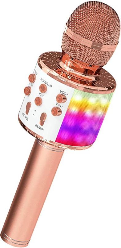 Photo 1 of OVELLIC Karaoke Microphone for Kids, Wireless Bluetooth Karaoke Microphone with LED Lights, Portable Handheld Mic Speaker Machine, Great Gifts Toys for Girls Boys Adults All Age (Rose Gold)