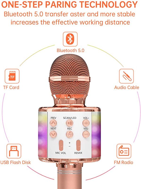 Photo 2 of OVELLIC Karaoke Microphone for Kids, Wireless Bluetooth Karaoke Microphone with LED Lights, Portable Handheld Mic Speaker Machine, Great Gifts Toys for Girls Boys Adults All Age (Rose Gold)