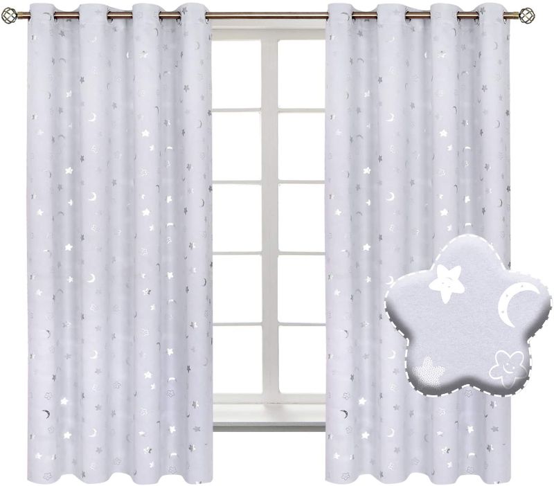 Photo 1 of BGment Moon and Stars Blackout Curtains for Kids Bedroom, Grommet Thermal Insulated Room Darkening Printed Nursery Curtains, 2 Panels of 52 x 63 Inch, Greyish White
