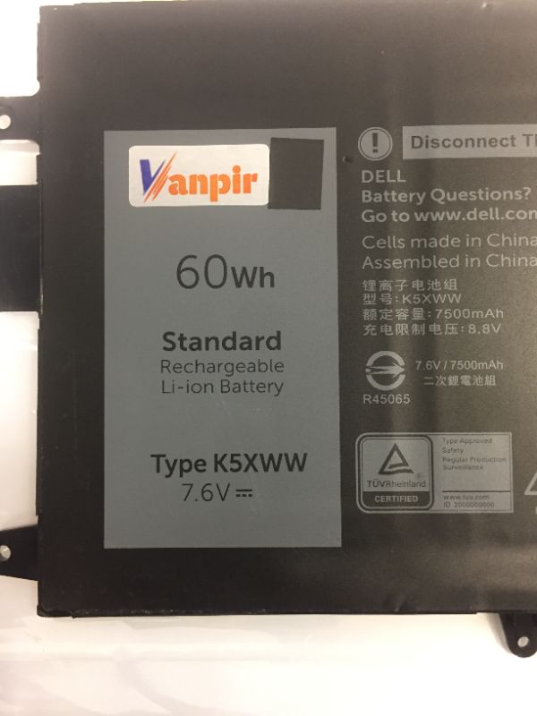 Photo 2 of VANPIR 60WH STANDARD RECHARGEABLE LI-ION LAPTOP BATTERY TYPE K5XWW 7.6V