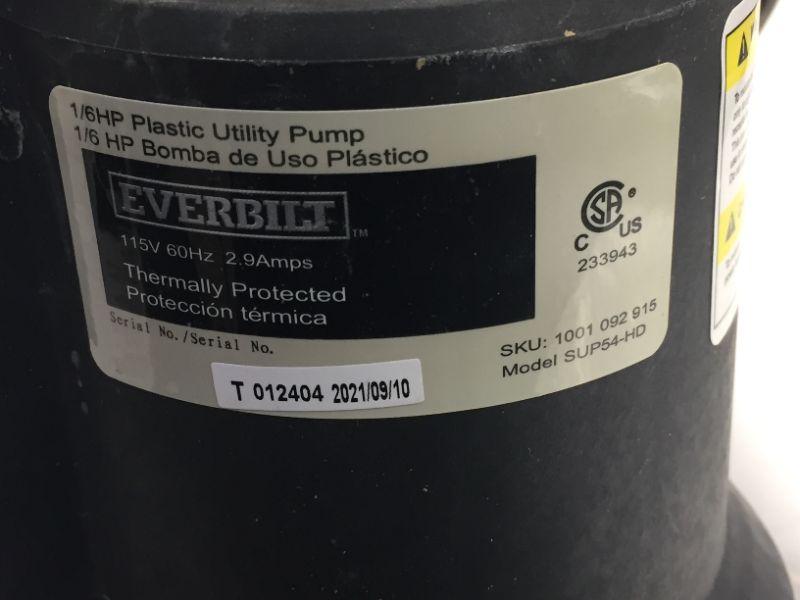 Photo 3 of Everbilt SUP54-HD 1/6 HP Plastic Utility Pump
