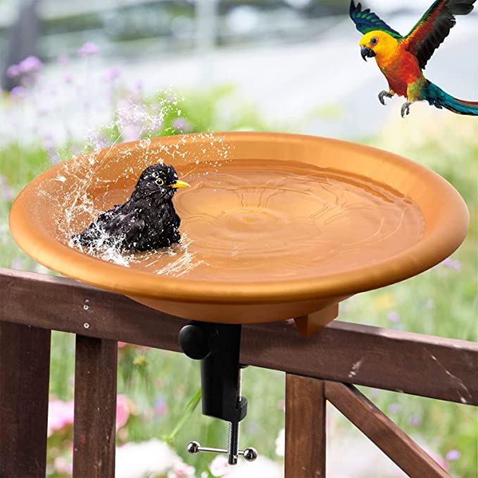 Photo 1 of Alaiselit Bird Bath 12 Inches Deck Mounted Bird Baths Bowl Spa with Sturdy Steel Clamp, Easy to Disassemble and Clean,Suitable for Decks Less Than 2 Inches Thick (Gold)