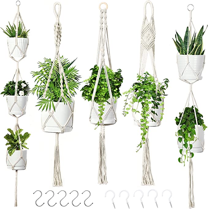 Photo 1 of 5 Packs Macrame Plant Hanger with 10 Hooks Different Tiers Handmade Cotton Rope Hanging Planters Set Flower Pots Holder Hanger Stand Indoor Outdoor Boho Home Decor (Cream White)
