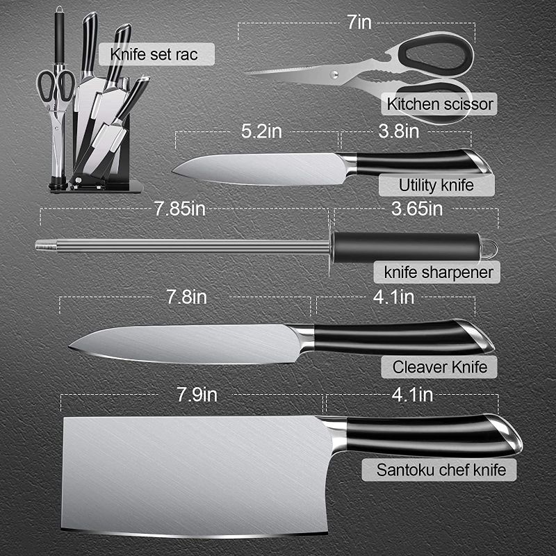 Photo 2 of  Kitchen Knife Block Sets for Stainless Steel (6pcs Kitchen Knife Set with Stand )with Sturdy Knife,Santoku Chef Knife,Utility Knife and Knife Sharpener,Kitchen Scissor that Chef Knives Set