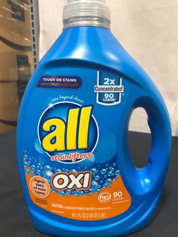 Photo 2 of all Laundry Detergent Liquid, Fights Tough Stains with OXI Power, High Efficiency Compatible, 2X Concentrated, 90 Loads