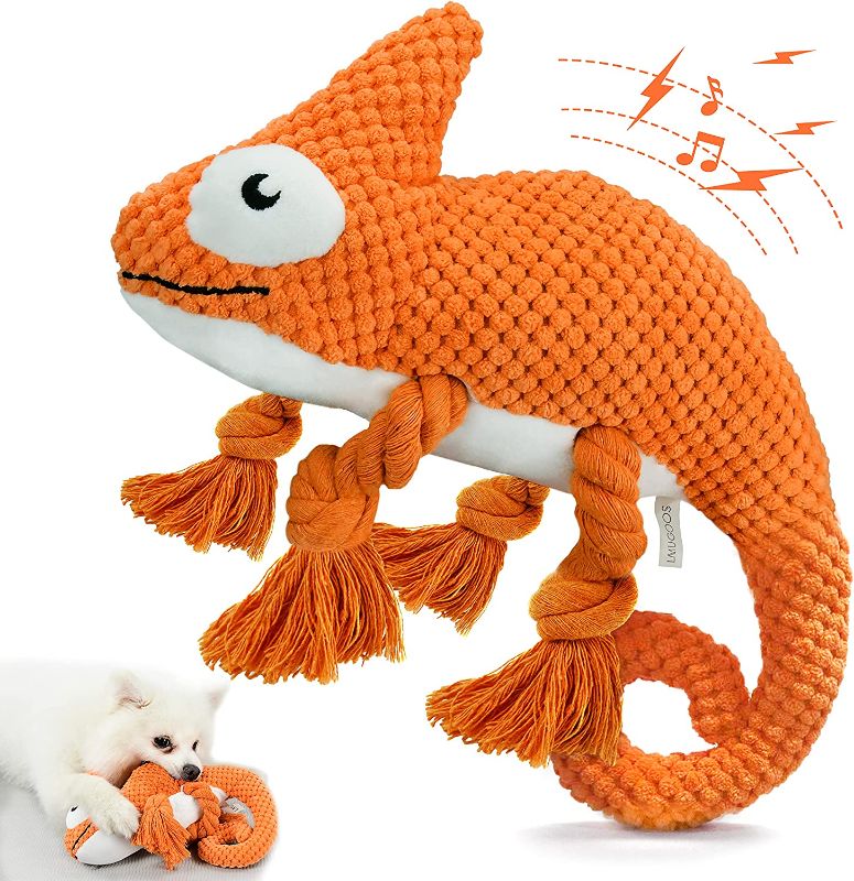 Photo 1 of Plush Dog Squeaky Toys, Durable Rope Dog Chew Toys for Puppy Small Medium Breed Teeth Cleaning,Stuffed Animals Toys- Cute Chameleon(Orange)
