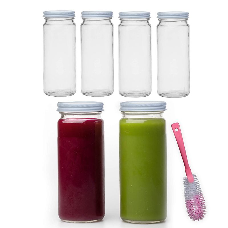 Photo 1 of 16 OZ Glass Bottles with Caps, 4 Juice Bottles Smoothie Cup Containers Metal White Lids Includes a Brush
