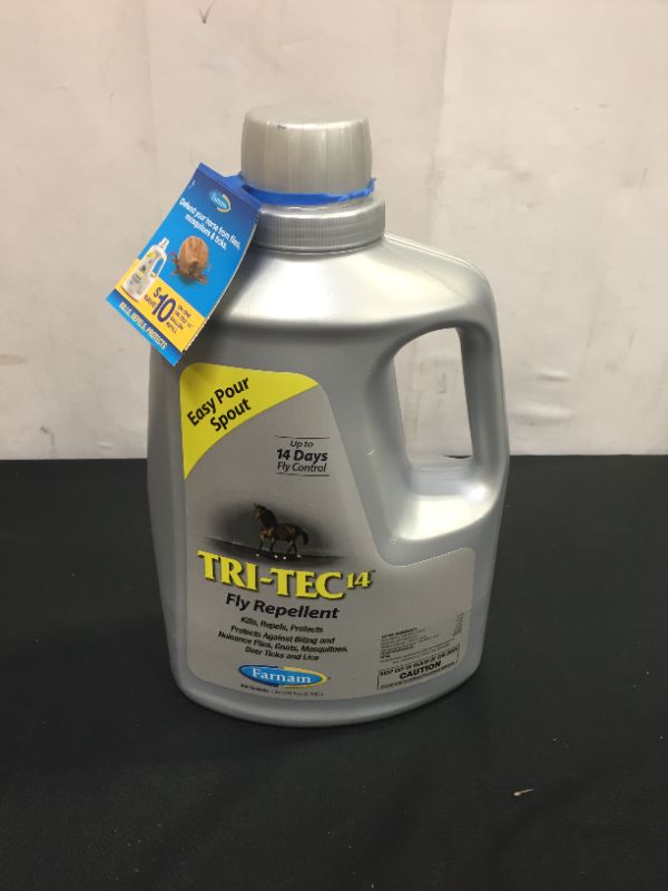 Photo 2 of  Farnam Tri-Tec 14 Fly Repellent for Horses, Kills, Repels, Protects, 128 ounces items packaging is bent but item is not damaged 