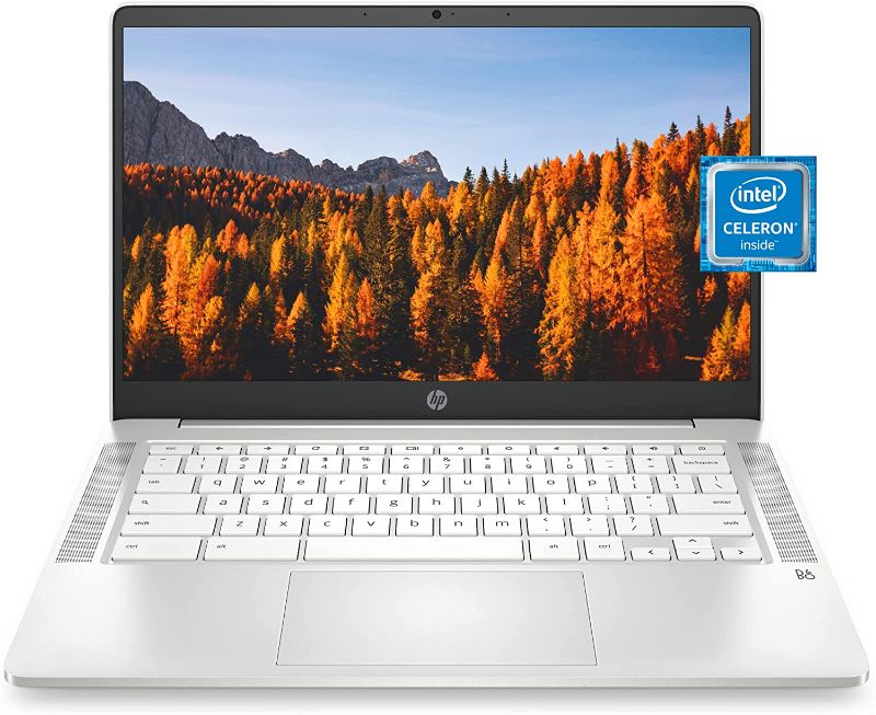 Photo 1 of TESTED - USED - HP Chromebook 14 Laptop, Intel Celeron N4020, 4 GB RAM, 32 GB eMMC, 14” HD Micro-Edge Display, Chrome OS, Thin & Portable, 4K Graphics, Snow White Keyboard (14a-na0023nr, 2021, Ceramic White)