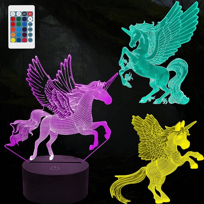 Photo 1 of HONGID 3D Unicorn Night Light for Kids,3D Lamp 3-Pattern & 16 Colors Change Decor Nightlight with Remote Control for Bed Room Bar, Best Unicorn Toys Gifts for Boys Girls
