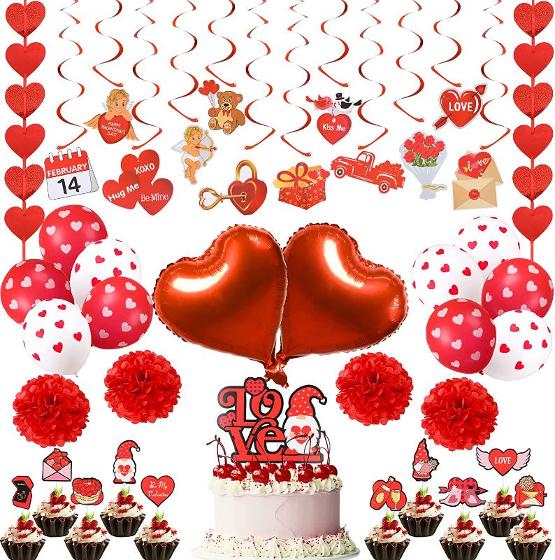Photo 1 of 2 PACK - Joysky Valentines Day Party Supplies Set, Valentines Themed Decorations Included Red Heart Metallic Balloons, Heart Garland, Hanging Swirls, Cupcake Toppers, Valentines Day Decorations for The Home