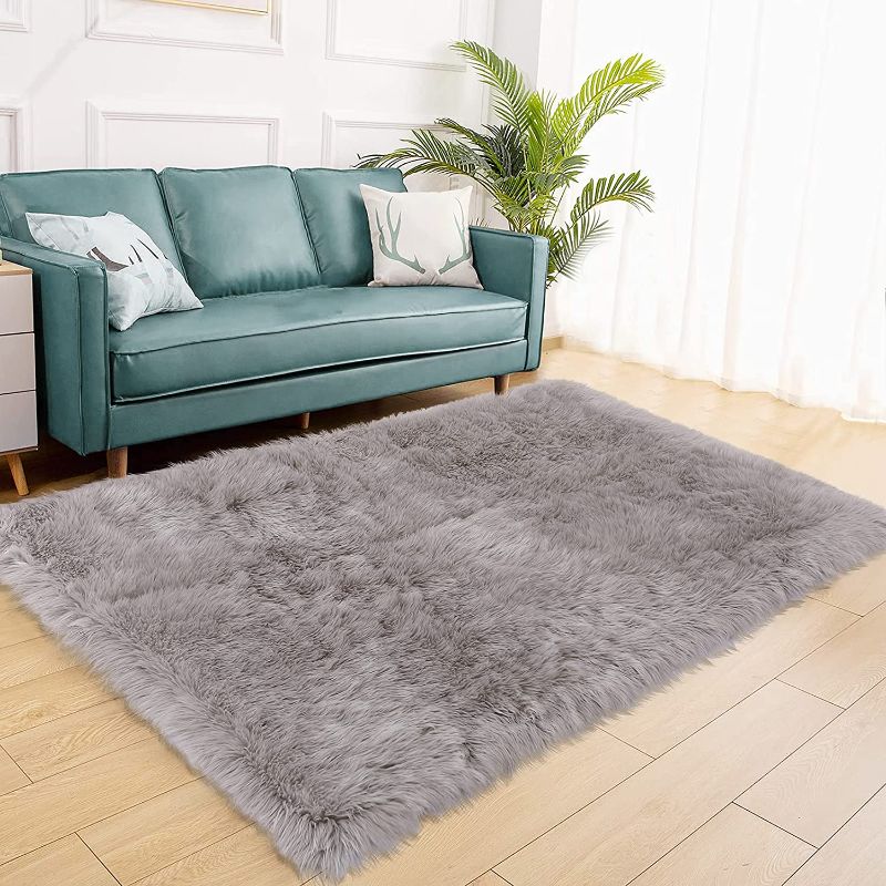 Photo 1 of CAROMIO Fluffy Area Rugs Furry Rug for Bedroom Faux Fur Sheepskin Nursery Rugs Fur Carpet for Kids Nursery Room Living Room Home Decor Floor Mat Plush Carpet, Grey, 3 x 5 Feet, Rectangle