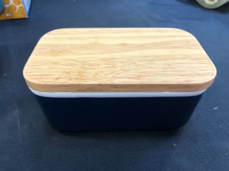 Photo 1 of BLUE BUTTER DISH WITH WOOD LID