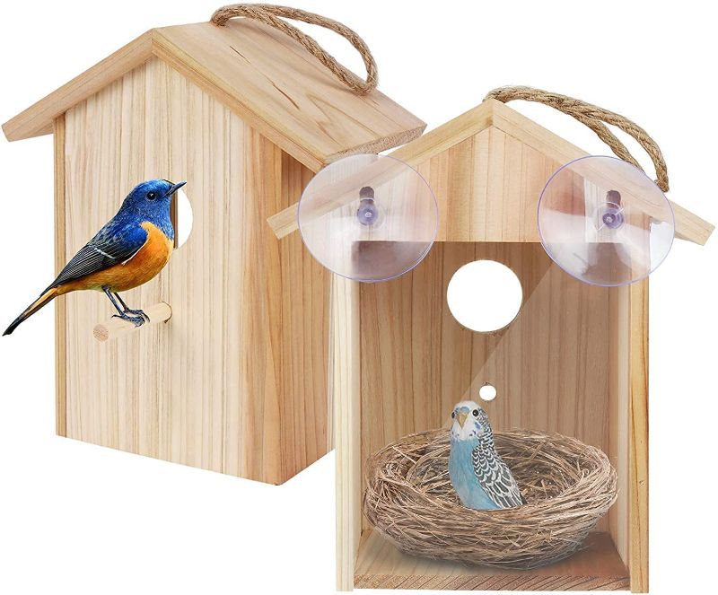 Photo 1 of ColorfulLaVie Window Bird House with Strong Suction Cup and Lanyard for Outside - See Through Upgraded Wooden Birdhouse Outdoors,Bird Nest Transparent Design for Easy Observation,Best Gift for Kids