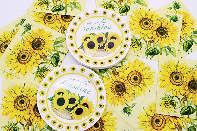 Photo 2 of AMZPTBOY Sunflower Birthday Party Supplies and Decorations for 20 Guest,You are My Sunshine Design Plates,Cake Plates and Napkins-Disposable Tableware for kid Birthday and Baby Shower
