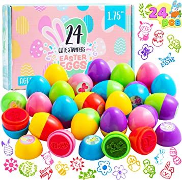 Photo 1 of 24 Packs Kids Easter Party Favor Prefilled with 1.75" Stampers for Kids Basket Stuffers Easter Egg Assorted Self-ink Stamp for Classroom Exchange and Prize Supplies
