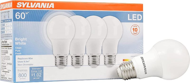 Photo 1 of 
SYLVANIA LED Light Bulb, 60W Equivalent A19, Efficient 8.5W, Medium Base, Frosted Finish, 800 Lumens, Bright White - 4 Pack