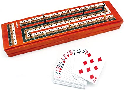 Photo 1 of CRIBBAGE BOARD GAME SET. UNIQUE LARGE WOODEN CONTINUOUS 3 TRACK BOARD WITH LARGER STORAGE AREA, 9 METAL PEGS AND 2 DECKS OF PLAYING CARDS. TRAVEL PORTABLE CRIBBAGE PERSONALIZED BOARDS CARD GAME SETS - item is starting to crack 