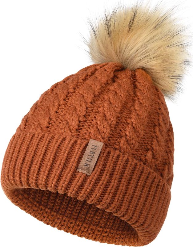 Photo 1 of FURTALK Winter Beanie Hat for Women Cotton Lined Faux Fur Pom Pom Hats Womens Warm Thick Knit Skull Cap - Brown 
