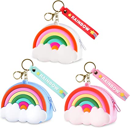 Photo 1 of Cute Pop Coin Purse Change Pouch Bag for 4 5 6 7 8 9 10 11 12 Year Old Teen Girls Women, Small Kawaii Keychain Packs Silicone Wallet it with Zipper, Mini Kids Toy Gift Set Rainbow Clouds
