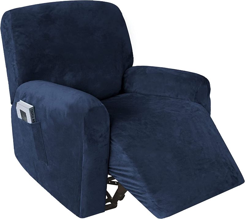 Photo 1 of 4 Pieces Velvet Recliner Couch Covers, Stretch Single Seat Recliner Slipcovers with Side Pocket, Home Theater Seating Cover (Navy)
