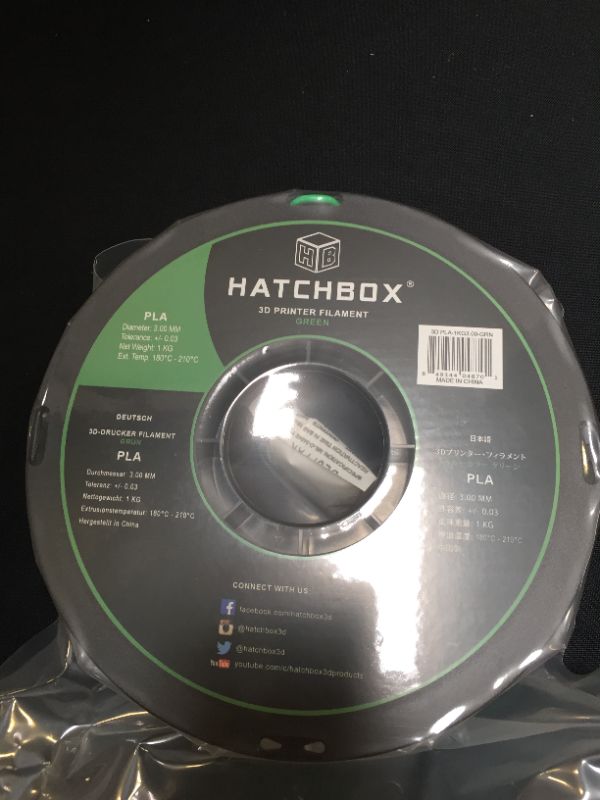 Photo 2 of HATCHBOX PLA 3D Printer Filament, Dimensional Accuracy +/- 0.03 mm, 1 kg Spool, 3.00 mm, Green
(FACTORY SEALED)