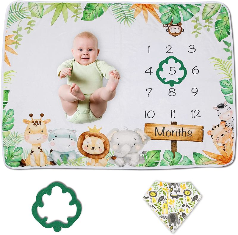 Photo 1 of Baby Monthly Milestone Blanket Boy or Girl | Safari Jungle Animals Months Blanket | Gender Neutral Photo Blanket for Newborn Baby | Super Soft Premium Fleece | Bib+Marker 40"x50"
