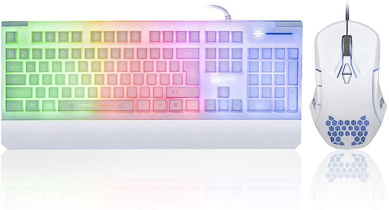 Photo 1 of White Gaming Keyboard and Mouse Combo Colorful Lights Rainbow LED Backlit Keyboard with Ergonomic Detachable Wrist Rest, Programmable 3000 DPI 7 Button Gaming Mouse for Windows PC Mac Office/Gaming
