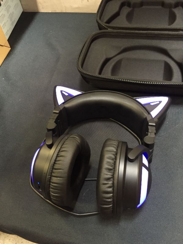 Photo 9 of YOWU RGB Cat Ear Headphone 3G Wireless 5.0 Foldable Gaming Headset with 7.1 Surround Sound, Built-in Mic & Customizable Lighting and Effect via APP, Type-C Charging Audio Cable-Black
