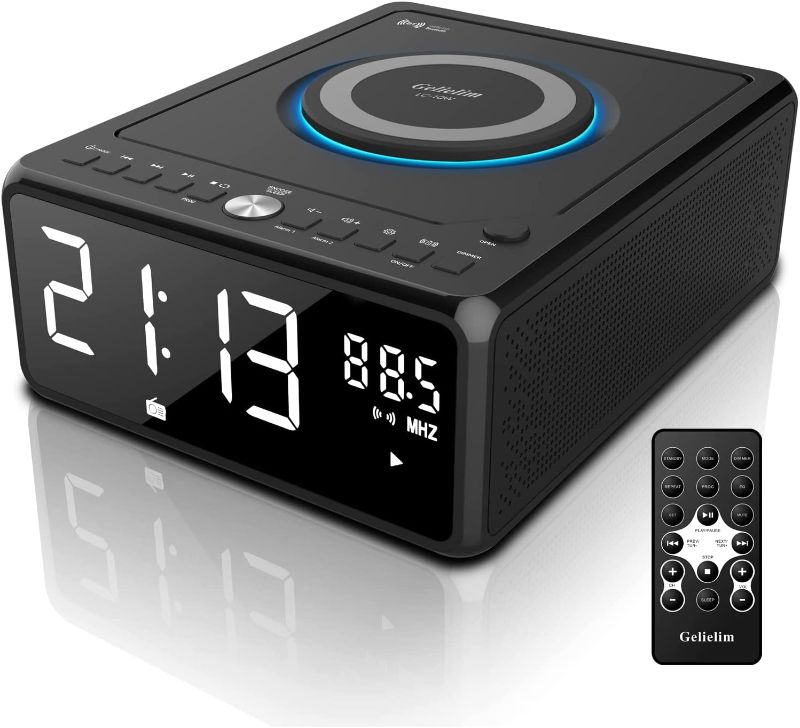 Photo 1 of Gelielim Clock Radio with Top Loading CD Player , Bedside FM Radio Dual Alarm Clock, Bluetooth Speaker Boombox, QI Wireless Charging, MP3/USB Audio Player, Dimmable LED Display, Remote Control
(UNABLE TO FULLY TEST, TURNS ON)