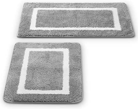 Photo 1 of 2 Pack Ultra Soft Microfiber Bath Mat, Anti Slip Bath Rug Set, Strong Absorbent, Machine Washable Shower Rugs, Perfect Plush Bathroom Mat for Tub, Shower and Bathroom (L+M, Gray/White)
