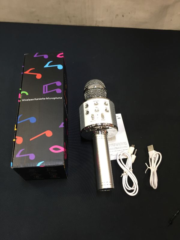 Photo 1 of BlueFire 4 in 1 Karaoke Wireless Microphone with LED Lights, Portable Microphone for Kids, Great Gifts Toys for Kids, Girls, Boys and Adults (Silver)
