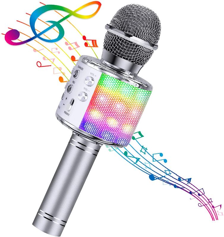 Photo 1 of BlueFire 4 in 1 Karaoke Wireless Microphone with LED Lights, Portable Microphone for Kids, Great Gifts Toys for Kids, Girls, Boys and Adults (Silver)
