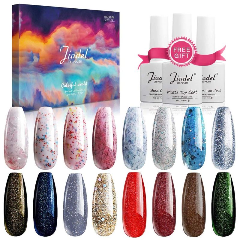 Photo 1 of JIADEL Gel Nail Polish Colors Set,Confetti Glitter Gel Nail Polish With No Wipe Base and Top Coat,Soak Off UV LED Nail Art Salon Starter Manicure Kit
