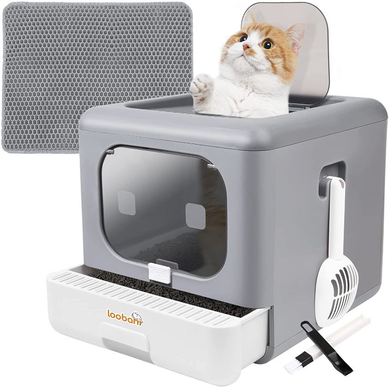 Photo 1 of Foldable Cat Litter Box with Lid, LOOBANI Enclosed and Covered Litter Box to Prevent Smell, Anti-Splashing Kitty Potty with Scoop and Mat for Easy Clean, Large Top Entry Cat Toilet with Drawer (Grey)
