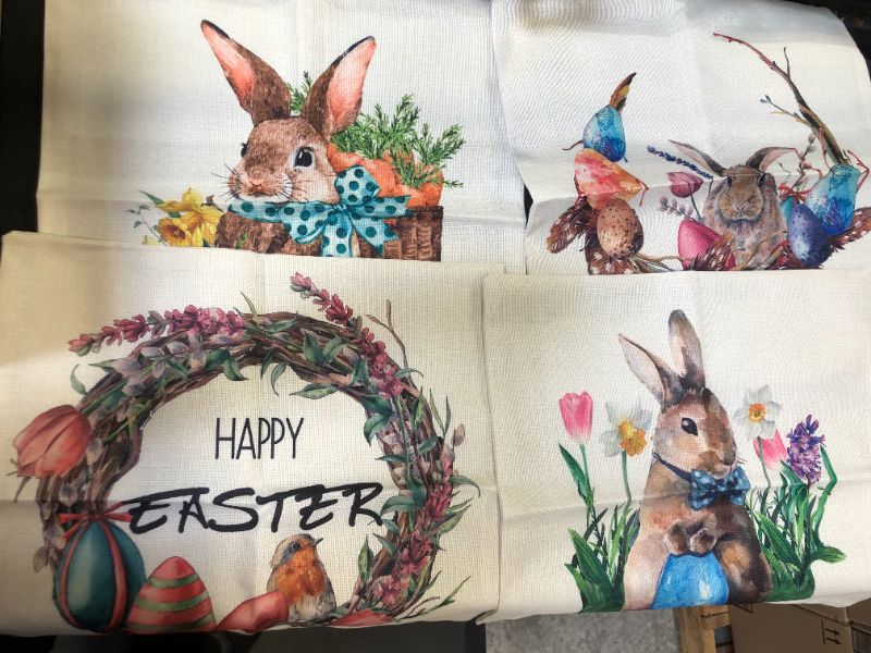 Photo 2 of Easter Pillow Covers 18x18 Set of 4 Easter Decorations for Home Easter Bunny Basket Eggs Easter Decorative Throw Pillows Spring Easter Farmhouse Decor
