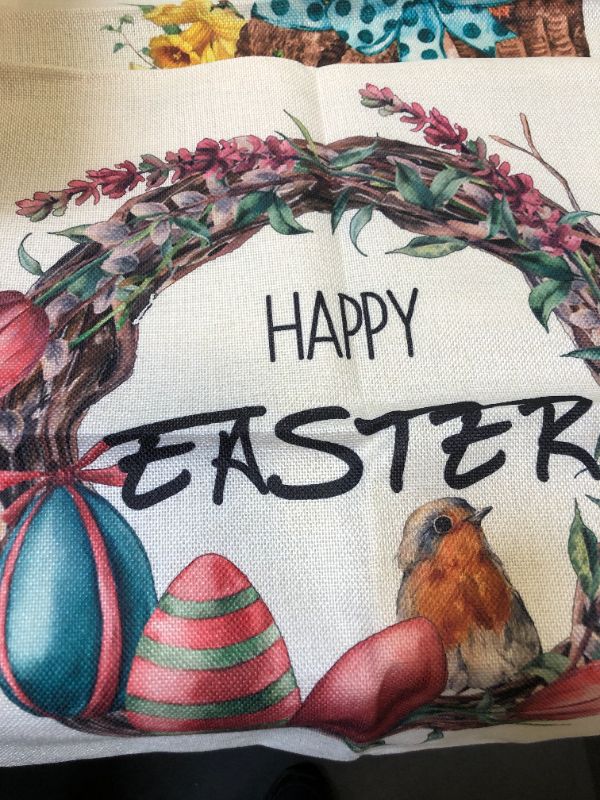 Photo 1 of Easter Pillow Covers 18x18 Set of 4 Easter Decorations for Home Easter Bunny Basket Eggs Easter Decorative Throw Pillows Spring Easter Farmhouse Decor
