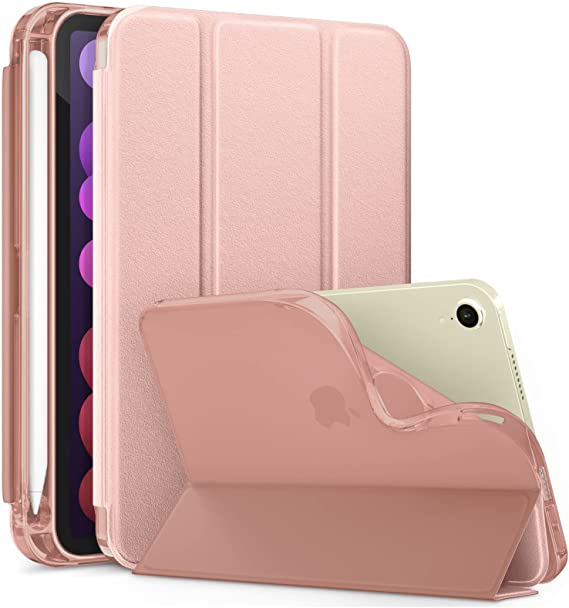 Photo 1 of DTTO for iPad Mini 6 Case 2021 with Pencil Holder, [Slim Trifold Stand + Pencil 2nd Gen Charging] Protective Soft Translucent Frosted Back Cover for iPad Mini 6th Generation 8.3 inch, Rose Gold
