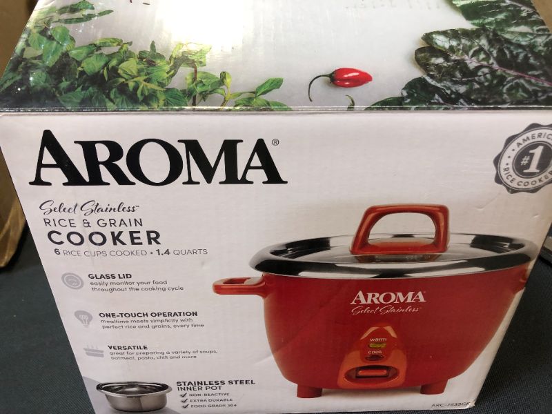 Photo 2 of Aroma Housewares Select Stainless Rice Cooker & Warmer with Uncoated Inner Pot, 6-Cup(cooked)/ 1.4Qt, ARC-753SGR, Red
