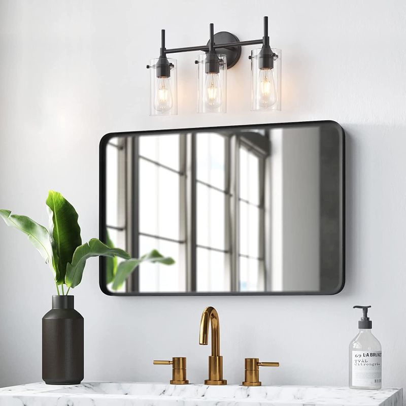 Photo 1 of 3-Light Bathroom Light Fixtures, Black Bathroom Wall Lights, Modern Bathroom Vanity Light with Clear Glass Shade, Bathroom Wall Lamp for Mirror Kitchen Bedroom Living Room