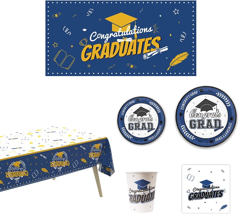 Photo 1 of 203 PCS Graduation Party Decorations 2022, Serves 50 Guests Graduation Plates and Napkins 2022 Graduation Party Supplies ,Graduation Banner Graduation Tablecloth,Cups with Gift Box,Graduation Napkins Plates