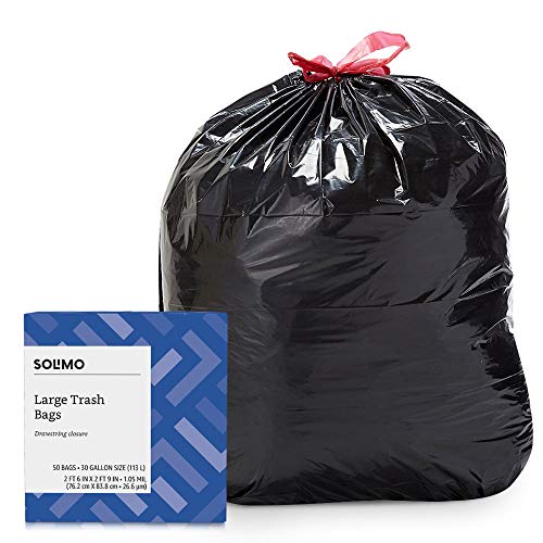 Photo 1 of AMAZON BRAND - SOLIMO MULTIPURPOSE DRAWSTRING TRASH BAGS, 30 GALLON, 50 COUNT
